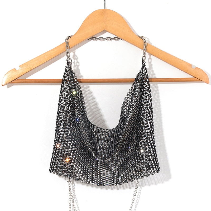 rhinestone halter hollow out shiny metal cropped top