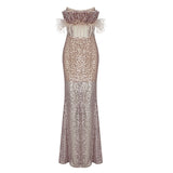 feather sleeveless ankle length strapless sequins long dress