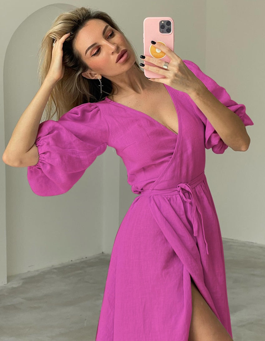 v neck with puff sleeve wrap dress