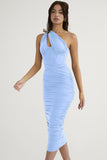 stretchy mesh blue one shoulder ruched dress