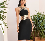 halter lace bandage hollow out high waist bodycon dress