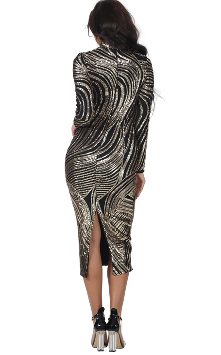 stretch mesh geometrical pattern glitter back vent sequin dress