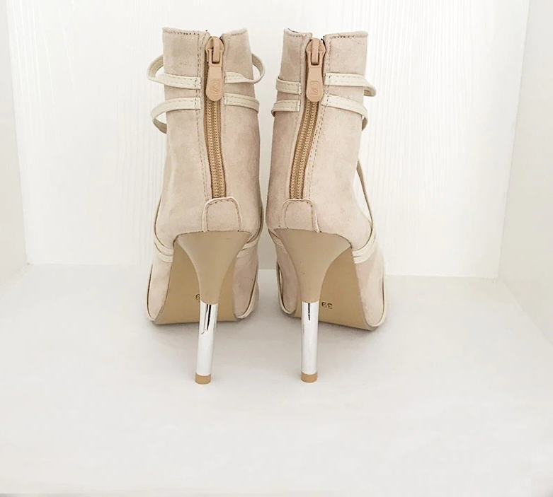 faux suede open toe deep v cut high heel ankle boots
