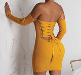 knitted off shoulder backless lace up mini bodycon dress