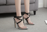 transparent pointed end slim cross straps ankle buckle heeled sandals