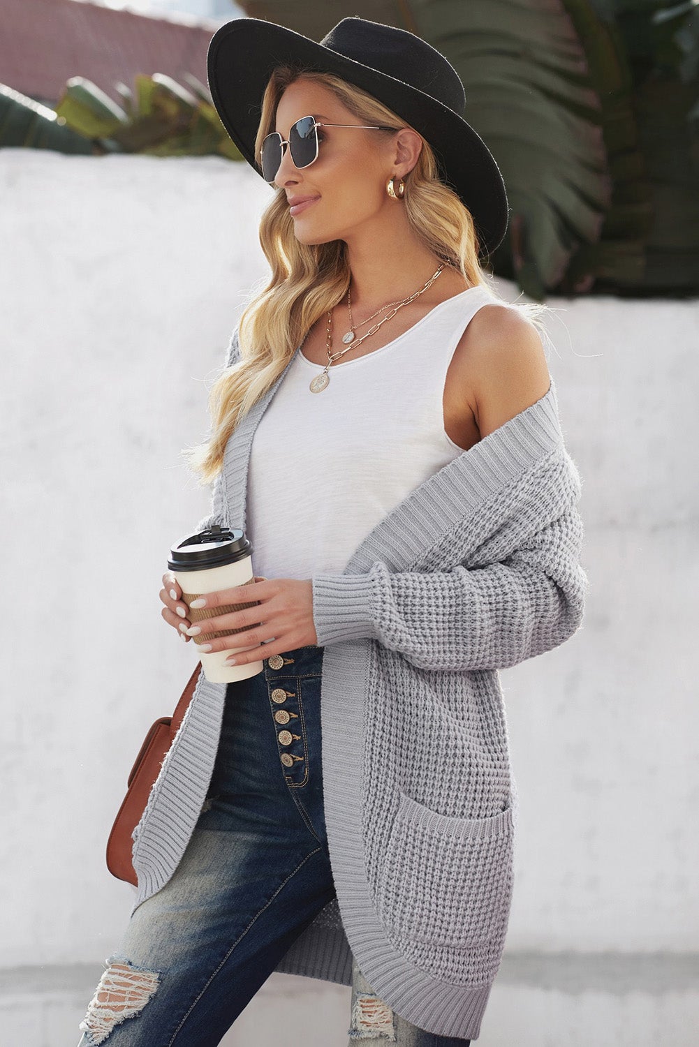 open front curved knit cardigan sweater