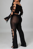 Solid Bandage See-through Off the Shoulder Long Sleeve Two PiecesPre-sale