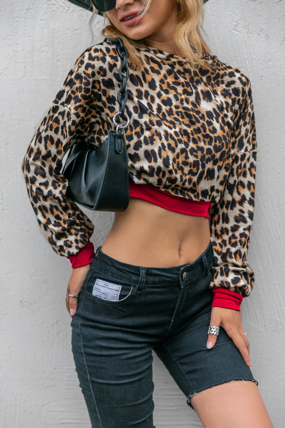 leopard contrast cropped hoodie