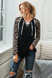 leopard lace up neck long sleeves top