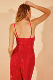 sequined spaghetti strap plunge wide leg jumpsuit