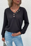 button detail waffle knit v neck top