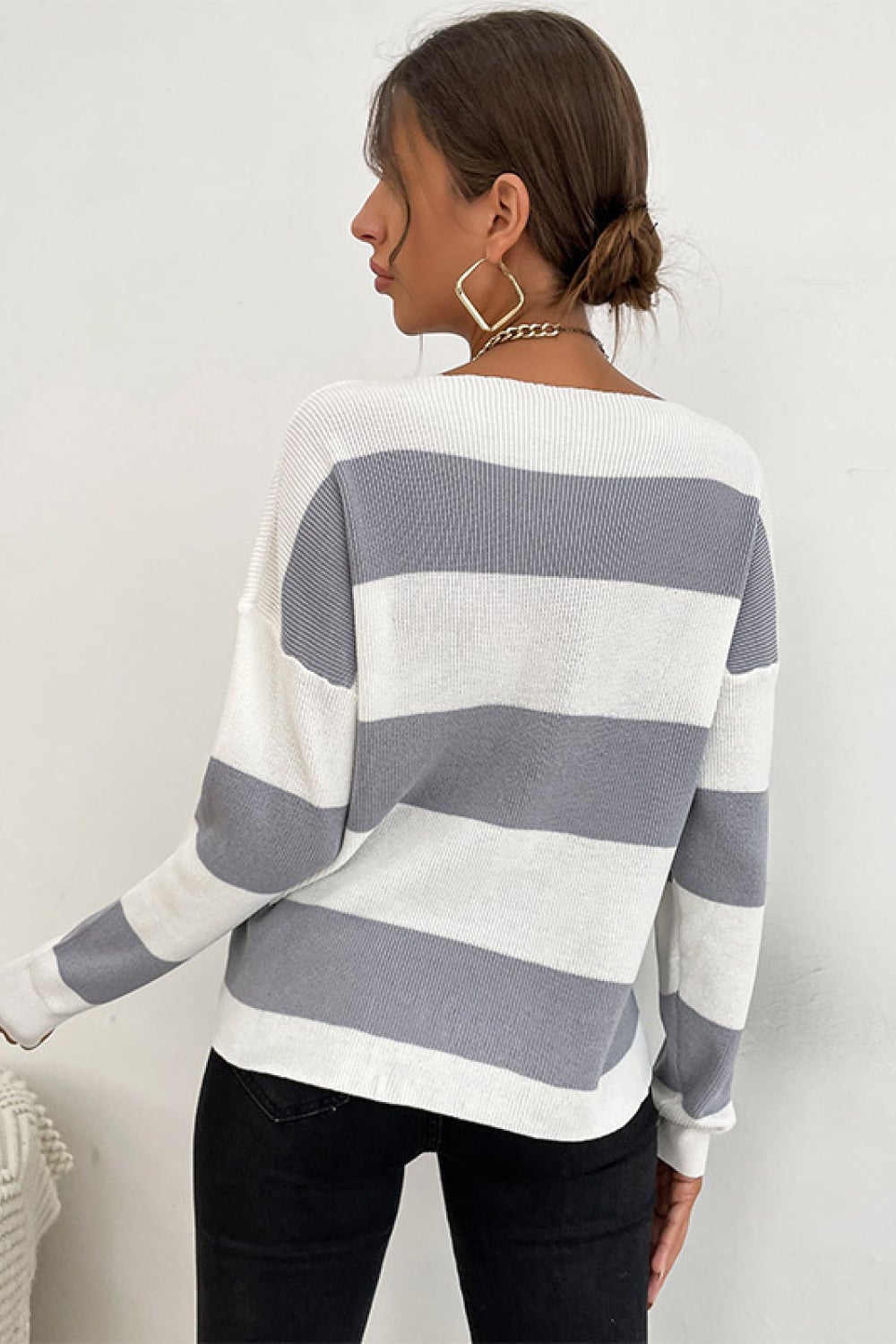 striped v neck dropped shoulder sweater