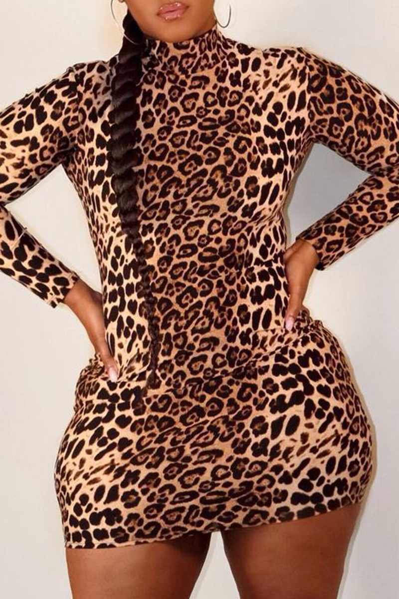 Sexy Leopard Split Joint Half A Turtleneck Pencil Skirt Plus Size Dresses