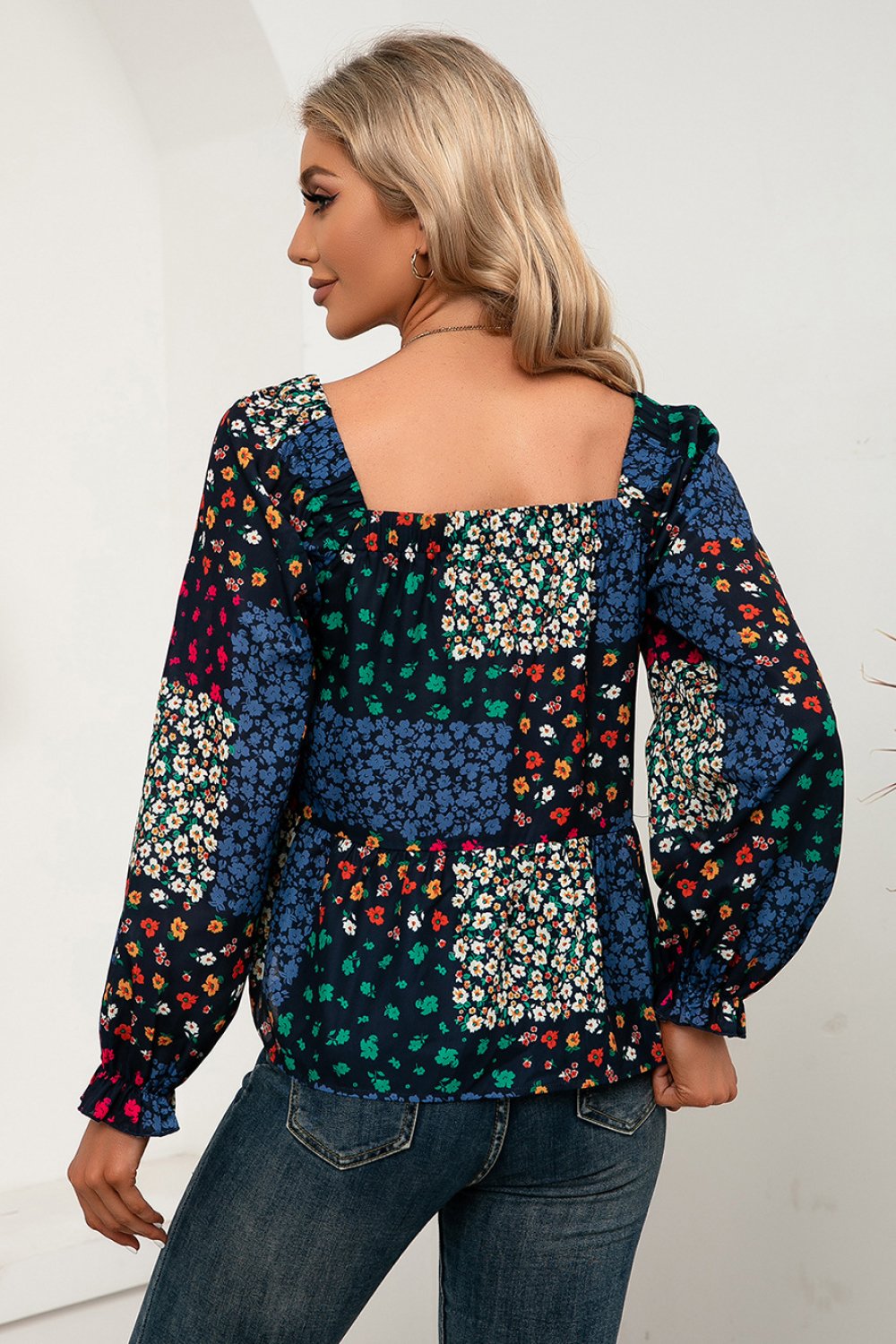 patchwork floral square neck peplum blouse