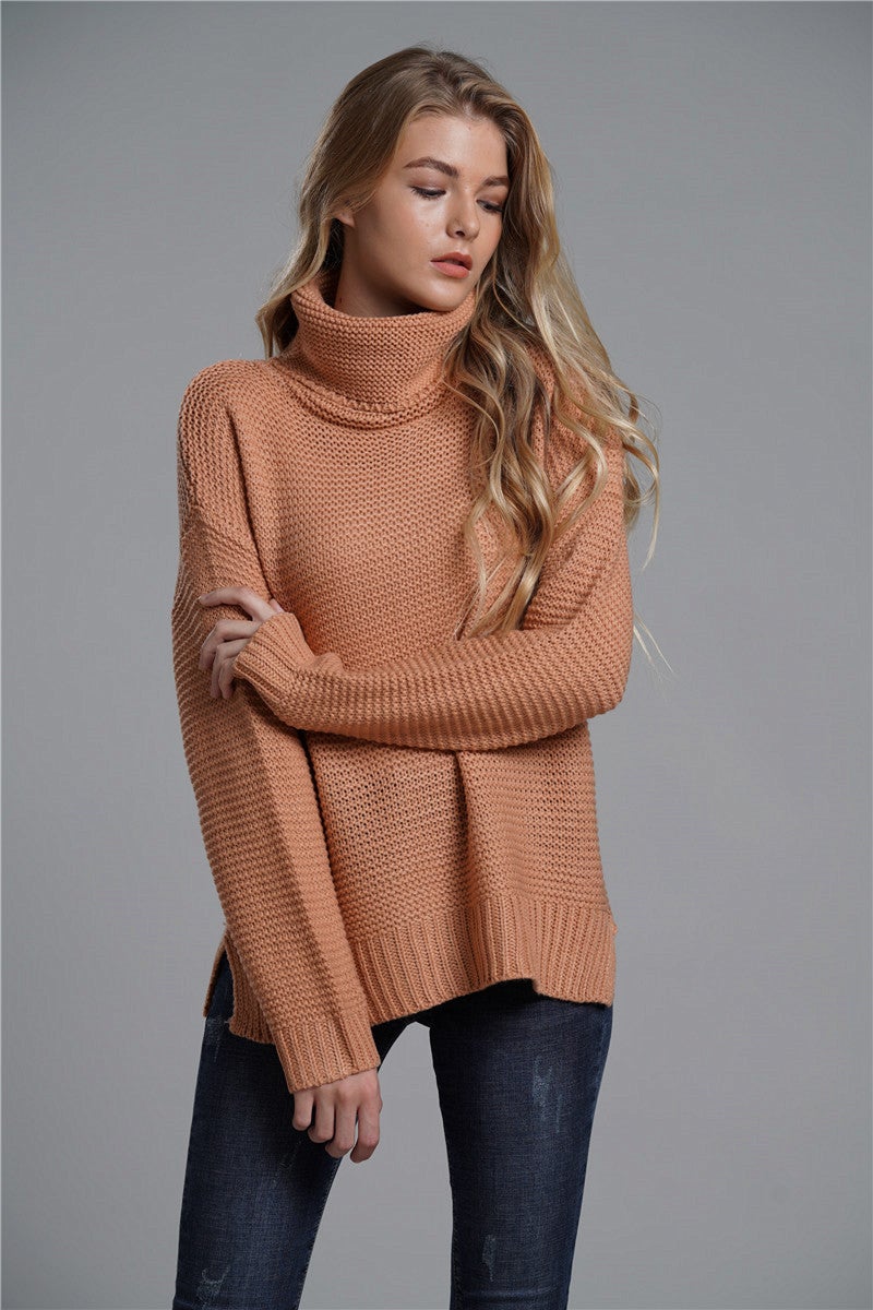 horizontal ribbing side slit turtleneck sweater