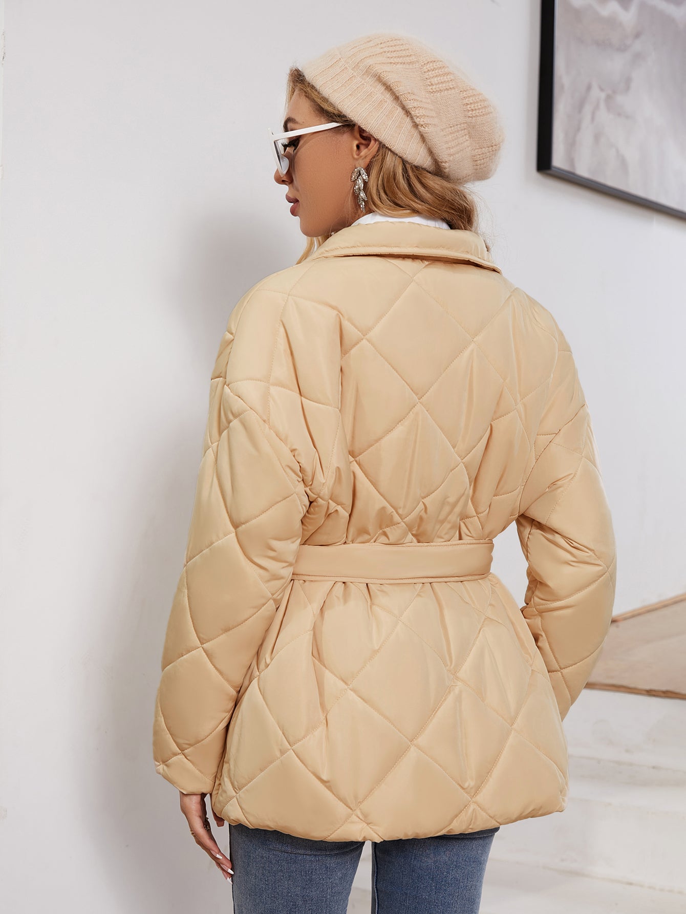 snap front tie waist quilted jacket