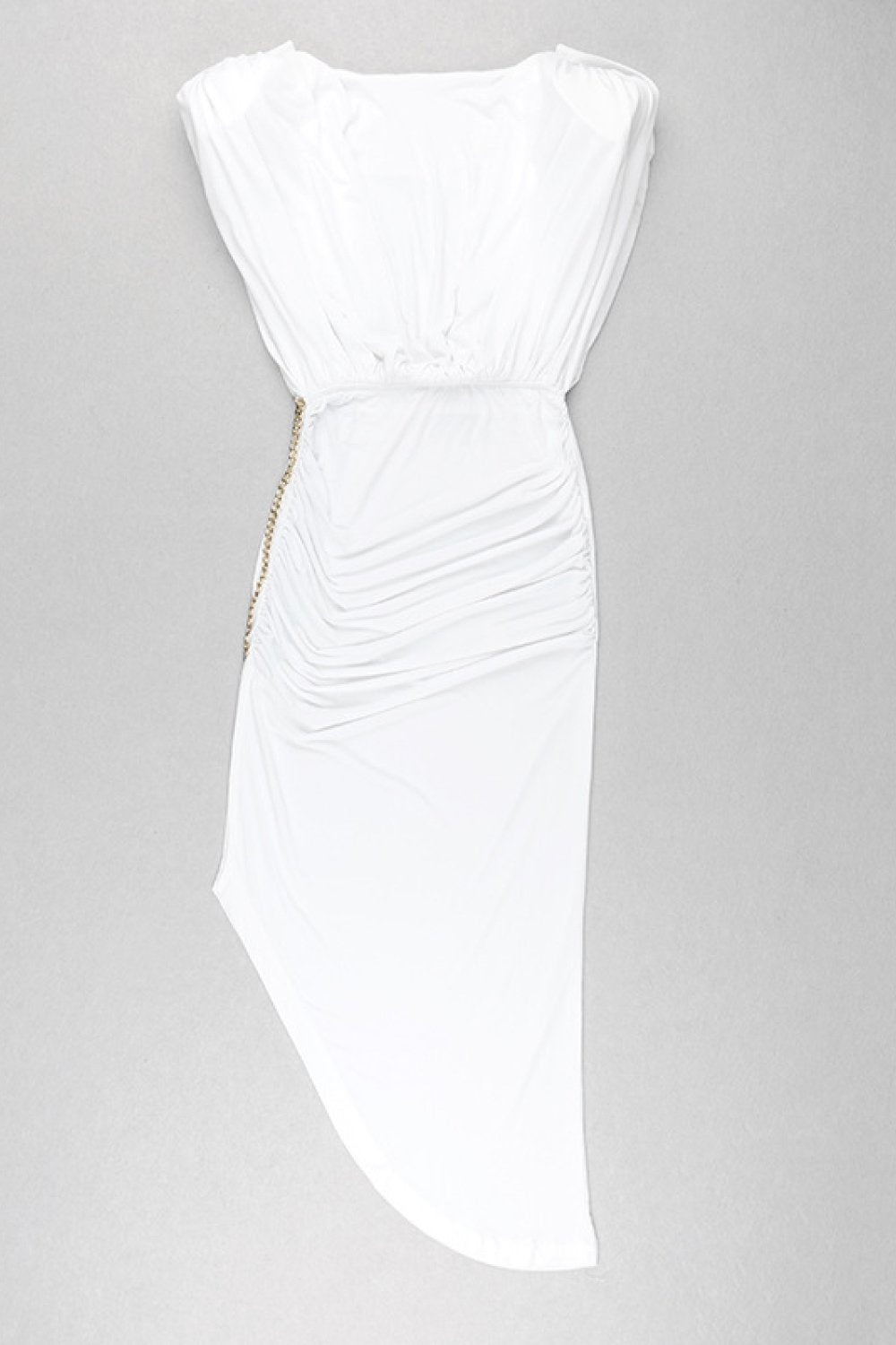 cap sleeve v back chain detail asymmetrical dress