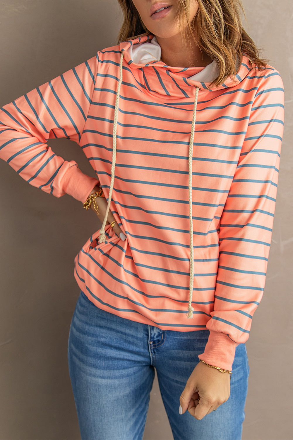 striped drawstring hoodie with pocket