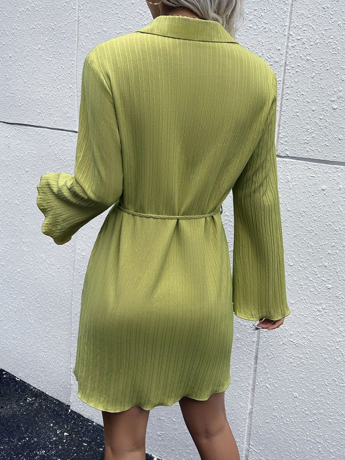 lettuce trim belted textured shirt dress