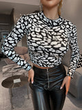 printed two tone cropped knit top