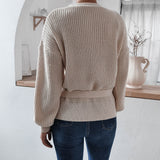 rib knit lantern sleeve wrap sweater