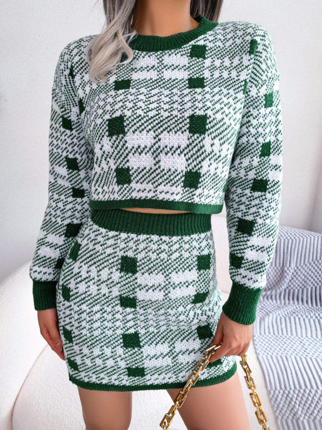 plaid cropped sweater and knit skirt set