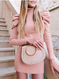 knitted turtle neck puff shoulder long sleeve bodycon dress