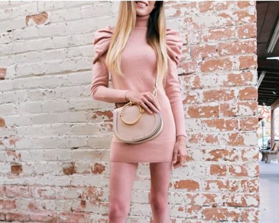 knitted turtle neck puff shoulder long sleeve bodycon dress
