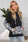leopard print pocket drawstring drop shoulder hoodie