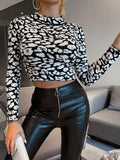 printed two tone cropped knit top