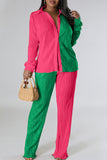 Casual Color Block Patchwork Buckle Turndown Collar Long Sleeve Two Pieces