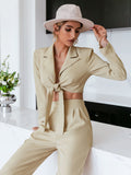 tie front cropped blazer and wide leg pants set