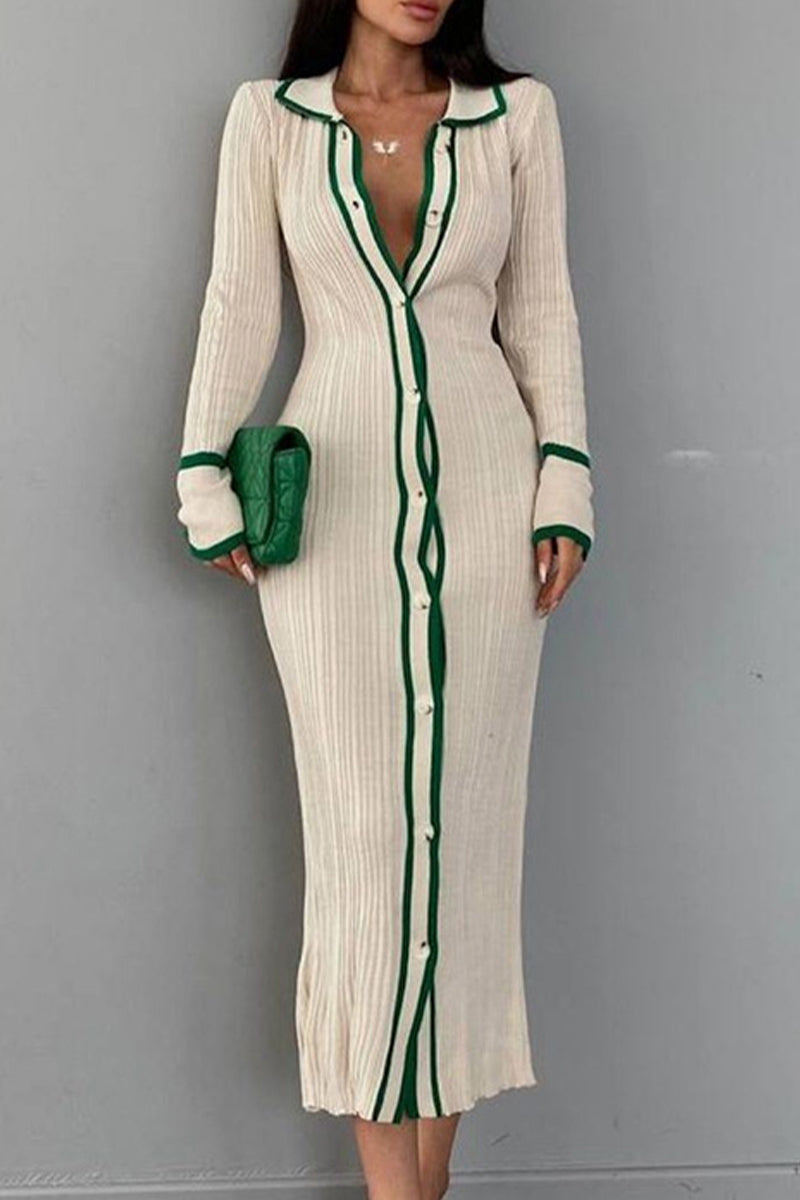 Sexy Casual Striped Contrast Turndown Collar Long Sleeve Dresses