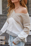color block cable knit v neck sweater