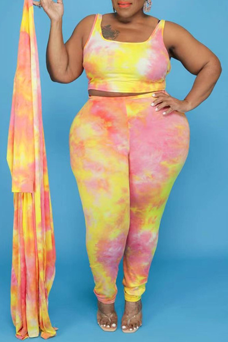 Sexy Patchwork Tie-dye Square Collar Plus Size Three Pieces