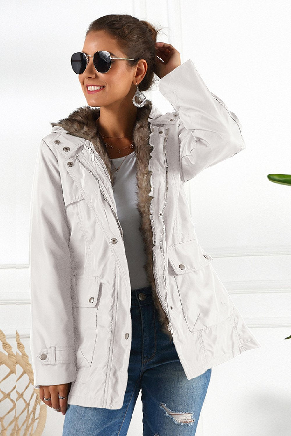 contrast removable lined hood parka coat