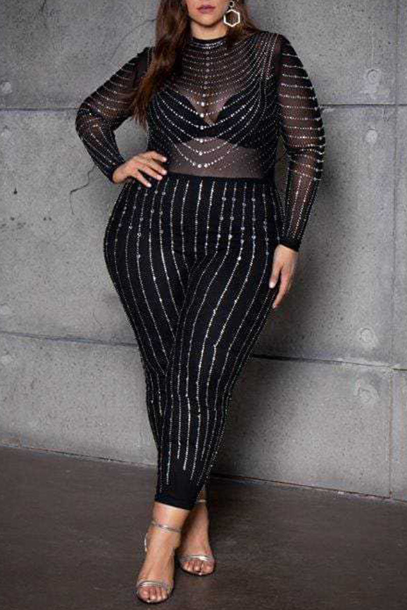 Sexy Solid Split Joint See-through Hot Drill O Neck Regular Jumpsuits