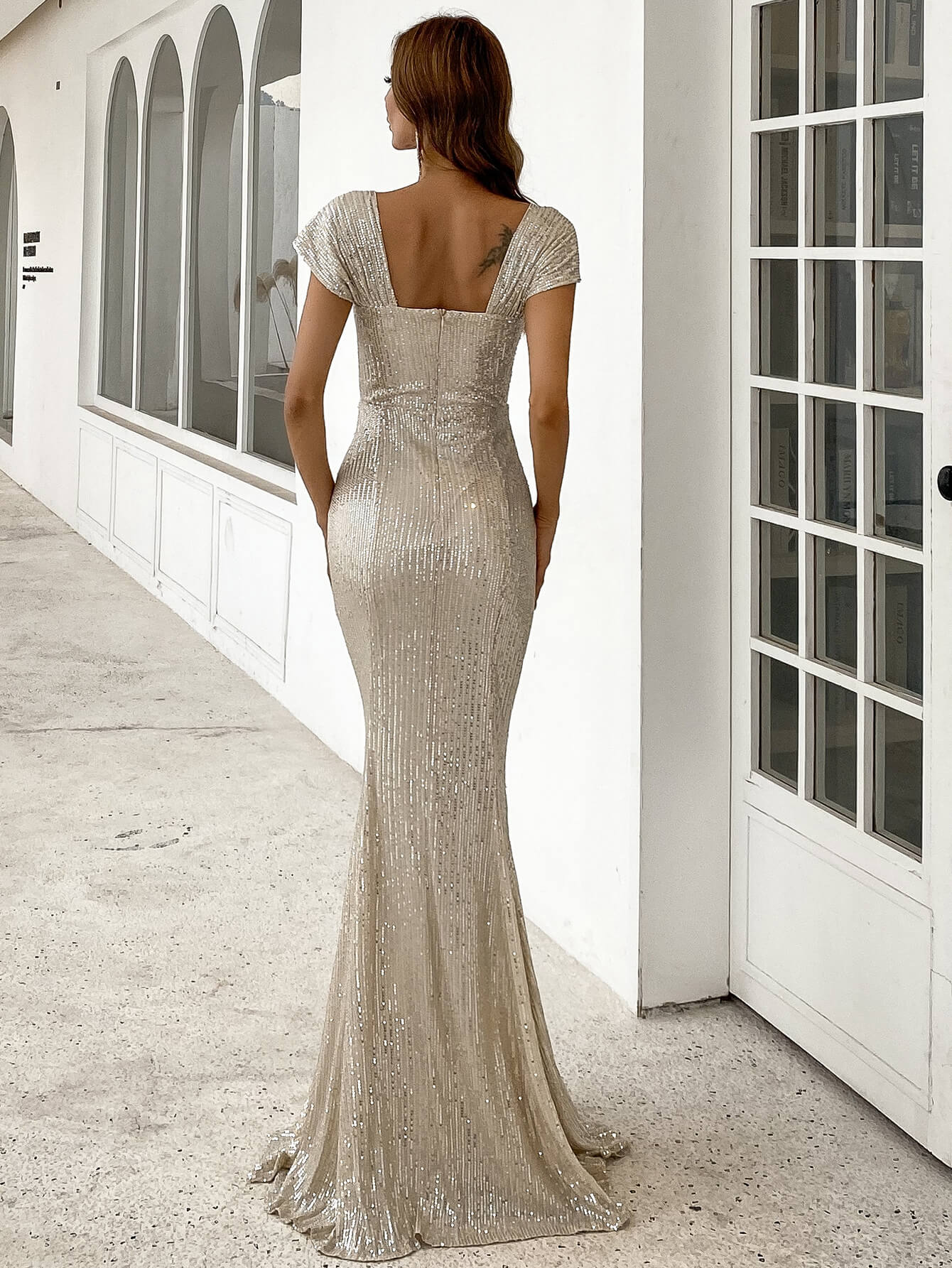 sequin ruched floor length fishtail dress