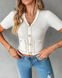 Chain Decor Buttoned Tweed Knit Top