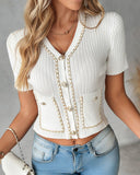 Chain Decor Buttoned Tweed Knit Top