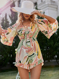 printed frill trim flare sleeve tie front romper