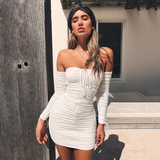 off shoulder long sleeve ruched elastic bodycon dress