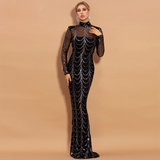 see through high neck wave long sleeve sequin dress