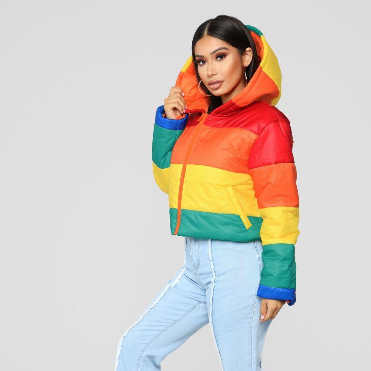 rainbow patchwork bubble puffer hoodie jacket