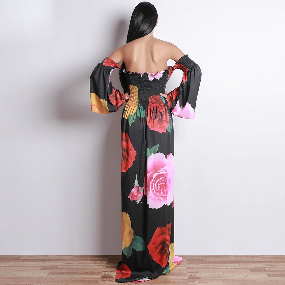 ruched one neck large printed long sleeve floral dress