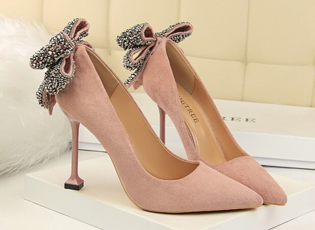 sweet crystal butterfly knot pointed toe slim square tip high heel