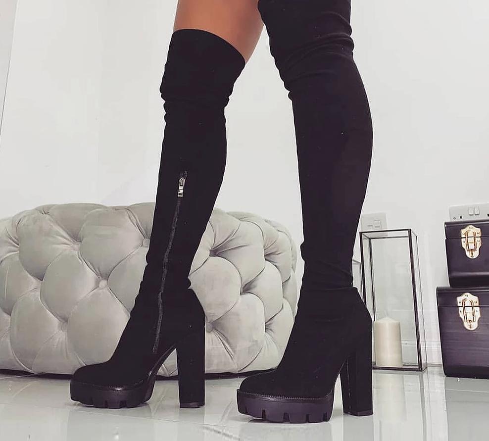 flock leather round toe square high heel zipper long boot