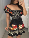 floral print off shoulder ruffle sleeve backless casual dress
