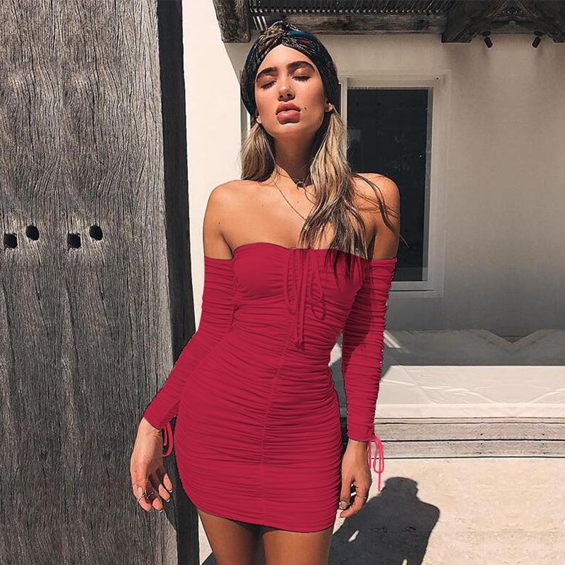 off shoulder long sleeve ruched elastic bodycon dress