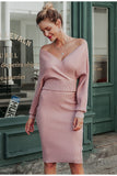 knitted deep v neck batwing long sleeve bodycon dress